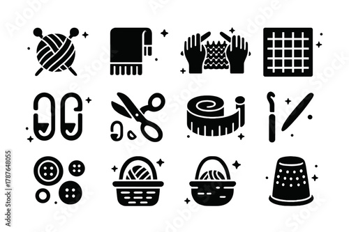 Knitting Craft Icons. Knitting Craft. Solid icons set of Knitting Craft: yarn ball, knitting needles, scarf, hands, pattern chart, stitch markers, scissors,