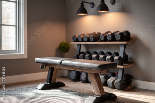 Adjustable bench with dumbbells in a modern home gym corner under overhead lighting