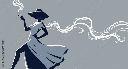 Elegant woman in a hat smoking a cigarette with swirling smoke in a vintage style on transparent background