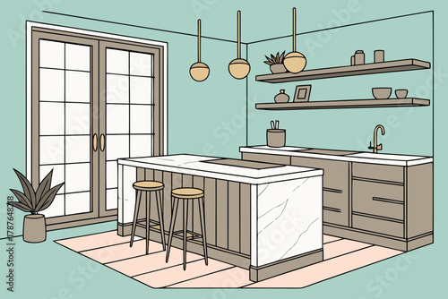 Modern kitchen with wooden textures and marble surface, cozy sunlight through window, clean flat vector art
