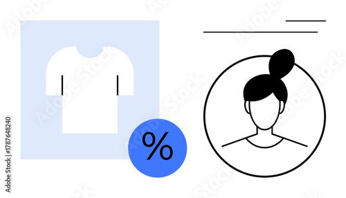 Minimalistic T-shirt icon, discount percentage symbol, and user profile outline. Ideal for fashion, shopping, membership, marketing, personalization retail discount campaigns. Simple flat metaphor