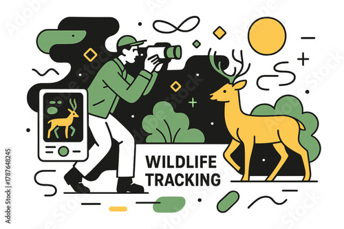 Nighttime Wildlife Monitoring. Wildlife Tracking. Night-time wildlife observation with infrared camera and floating abstract geometric shapes, careful and