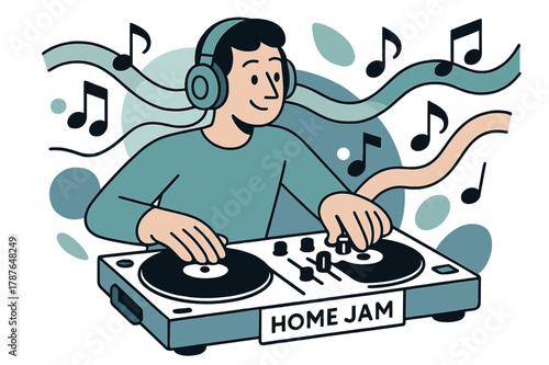 DJ Home Jam. DJ turntable ? Portable mixer practice. DJ in headphones adjusts knobs; musical notes flow like ribbons. Tag reads ?HOME JAM?. Modern flat-line