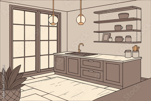 Minimal kitchen interior with marble countertop and pendant lights, soft morning light, flat vector illustration