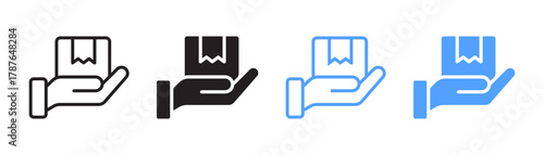 Hand holding package or box icon set. Safe delivery symbol. Outline and solid style vector illustration