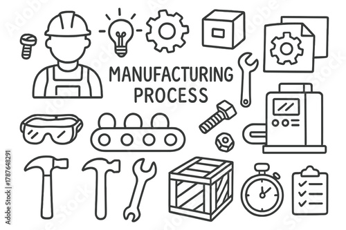 Manufacturing Doodle Icons. Manufacturing process. Hand-drawn doodle illustration worker, conveyor, parts, gear, bolt, hammer, wrench, machine, blueprint,
