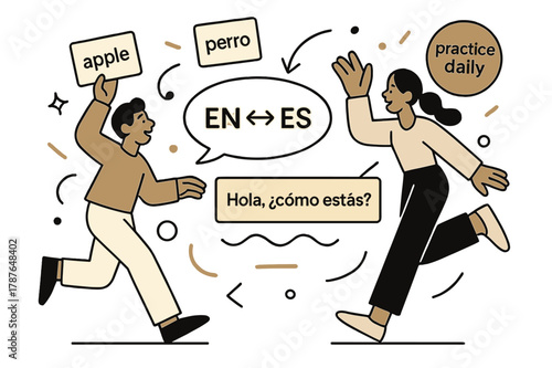 Dynamic Language Learning. AI Assistants ? Language Tutor. Word cards drift between two bubbles labeled ?EN - ES?; pronunciation waves glide under a