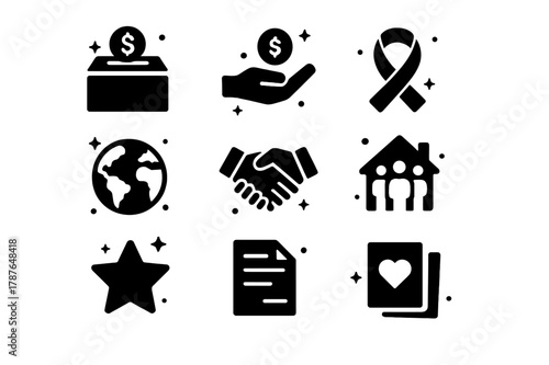 Charity Support Icons. Charity and Support Foundations. Solid icons set of Charity and Support Foundations: donation box, coin hand, charity ribbon, globe,