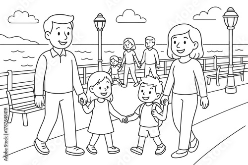 Seaside Promenade Coloring. Seaside promenade children?s coloring book illustration, outlined drawing, families walking along an ocean embankment with benches,