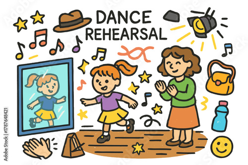Colorful Dance Rehearsal. Dance rehearsal. Colorful Hand-drawn doodle Children illustration Dance rehearsal mirror, tap shoes, dancer, hat, notes, spotlight,