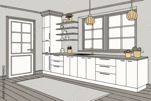Elegant minimalist kitchen with matte white cabinets and wooden floor, balanced natural light, flat 2D vector illustration