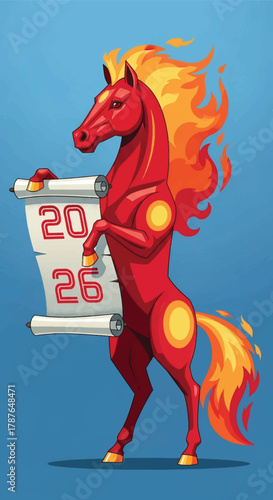 A stylized red horse with a fiery mane and tail, holding a scroll with the year 2026, against a blue background.