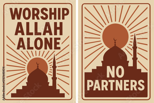 Retro Mosque Banners. Worship Alone. Two vertical A6 banners with safe margins, centered composition, no elements touching edges, retro, red and beige, mosque