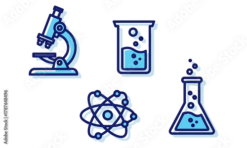 Science laboratory equipment and atom illustration.