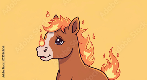 A cartoon illustration of a brown horse with a fiery mane, tail, and horn, looking sad.