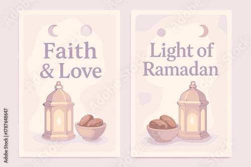 Lanterns and Moon Phases. Ramadan Reflection. Two vertical A6 banners with safe margins, centered composition, no elements touching edges, pastel, lavender and
