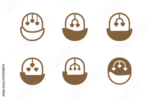 Newborn Care Logos. Newborn care. Set Logo of Newborn care: cradle with heart mobile. harmonious logo variations of the same emblematic concept, each with