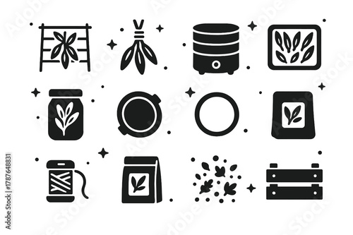 Sage Preservation Icons. Drying and preserving sage. Solid icons set of Drying and preserving sage: drying rack, hanging bundle, dehydrator, oven tray, glass