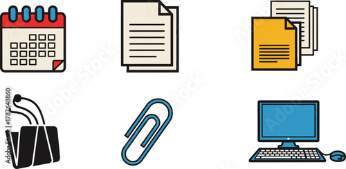 Office Supplies and Technology Icons for Business.