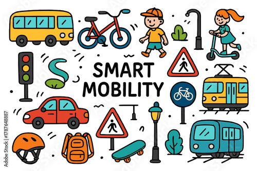 Smart Mobility Doodles. smart mobility. Colorful Hand-drawn doodle Children illustration smart mobility bus, bicycle, scooter, pedestrian, car, traffic light,