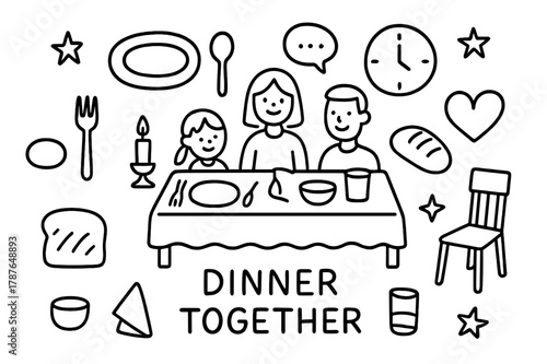 Family Dinner Doodle. Dinner together. Hand-drawn doodle illustration Dinner together table, plate, fork, spoon, bowl, family group, candle, clock, chat