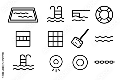 Swimming Pool Icons. Swimming Pool. Line icon set of Swimming Pool: rectangular pool, ladder, diving board, life ring, depth marker, pool tiles, skimmer net,