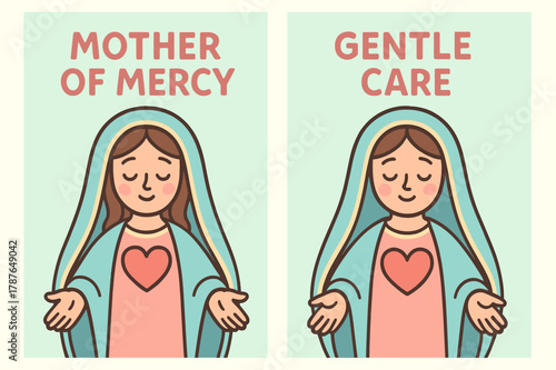 Mother of Mercy Banners. Mother of Mercy. Two vertical A6 banners with safe margins, centered composition, no elements touching edges, cartoon, pastel mint and