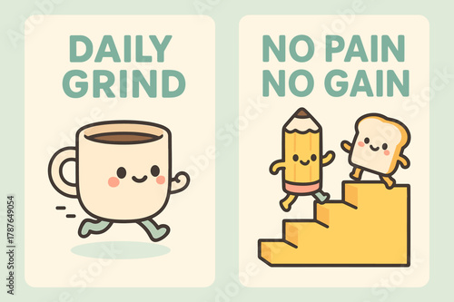 Kawaii Daily Grind. Daily grind. Two vertical A6 banners with safe margins, centered composition, no elements touching edges, kawaii, pastel mint and yellow,