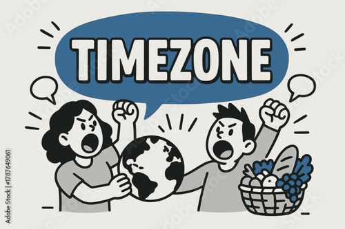 Energetic Timezone Celebration. TIMEZONE banner, rounded blob, bold oversized text, cartoon characters shouting and holding a globe, food basket nearby, blue