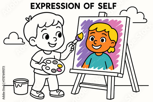 Kids Painting Self. Expression of self children?s coloring book illustration, outlined drawing, child painting a colorful self-portrait on a big canvas,