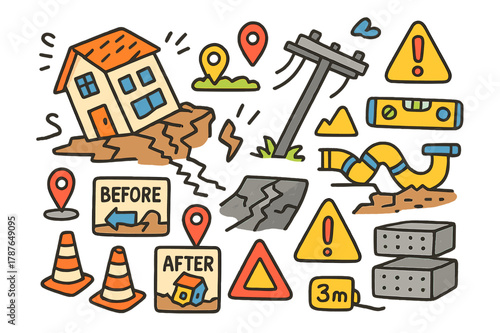Ground Subsidence Doodle. Ground subsidence. Colorful Hand-drawn doodle Children illustration Ground subsidence tilted house, cracked road, leaning utility