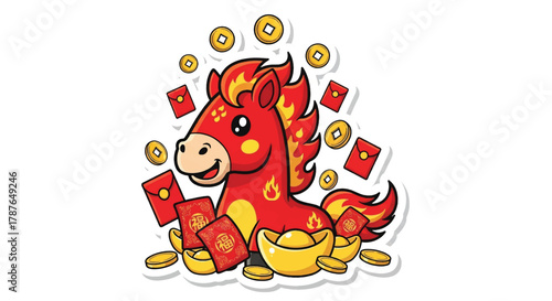 A cute red cartoon horse, the Chinese zodiac animal, celebrates Lunar New Year with gold coins, ingots, and red envelopes.