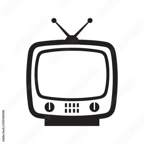 Retro TV icon. Vintage television with antenna symbol, old classic technology entertainment media graphic vector illustration isolated on white background.