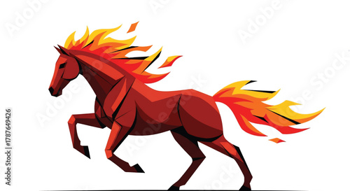 A stylized illustration of a powerful, fiery red horse with a mane and tail engulfed in flames, captured in mid-gallop against a white background.