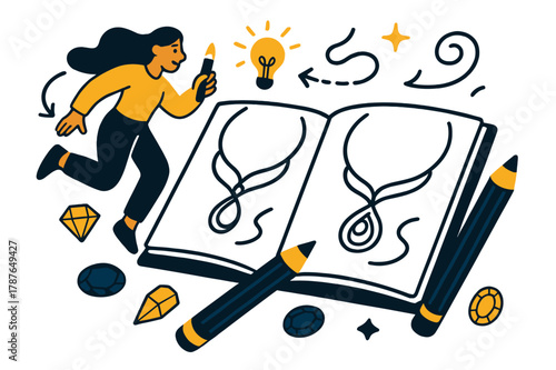 Elegant Jewelry Sketches. Jewelry design sketches. Open notebook with graceful lines forming necklace ideas, pencils and gems scattered around. Inspiration