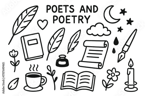 Poetic Symbols Doodle. Poets and poetry. Hand-drawn doodle illustration poets and poetry quill, notebook, heart, moon, cloud, stars, feather, scroll, ink drop,