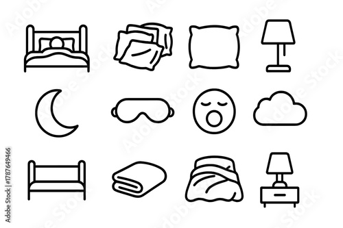Cozy Bed Icon Set. Soft, Fluffy Pillows Surrounding Someone in Bed. Line icon set of Soft, Fluffy Pillows Surrounding Someone in Bed: bed frame, headboard,
