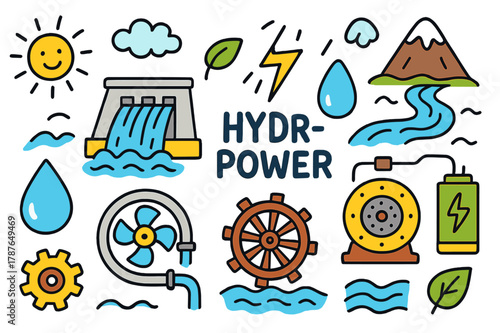 Hydropower Doodle Illustration. Hydropower. Colorful Hand-drawn doodle Children illustration Hydropower dam, turbine, water wheel, generator, river, mountain,