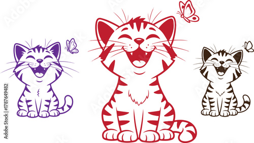 Three colorful pixelated cartoon cats with butterflies on transparent background