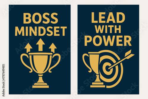 Boss Leadership Banners. Boss mindset. Two vertical A6 banners with safe margins, centered composition, no elements touching edges, bold, navy and gold,
