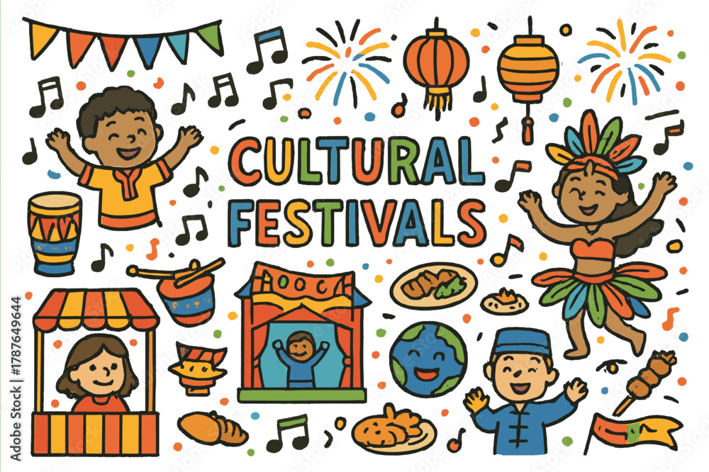Obraz premium Vibrant Festival Celebration. Cultural festivals. Colorful Hand-drawn doodle Children illustration Cultural festivals colorful banners, music notes, drums,