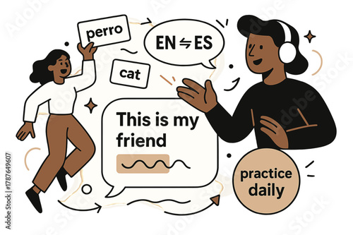 Dynamic Language Learning. AI Assistants ? Language Tutor. Word cards drift between two bubbles labeled ?EN - ES?; pronunciation waves glide under a