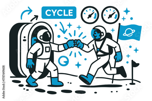 Astronauts Bumping Gloves. Airlock & EVA protocols. Astronauts bump gloves under a glowing ?Cycle? indicator; pressure gauges sweep to green. Footprints lead
