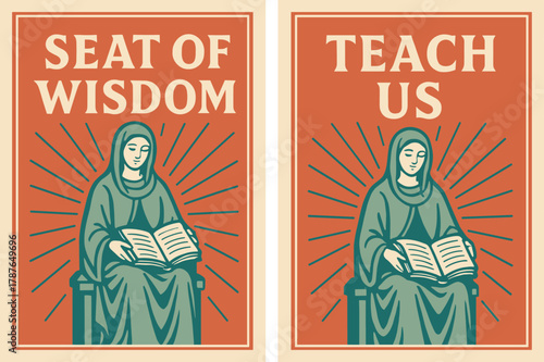 Seat of Wisdom Banners. Seat of Wisdom. Two vertical A6 banners with safe margins, centered composition, no elements touching edges, retro, coral and teal,