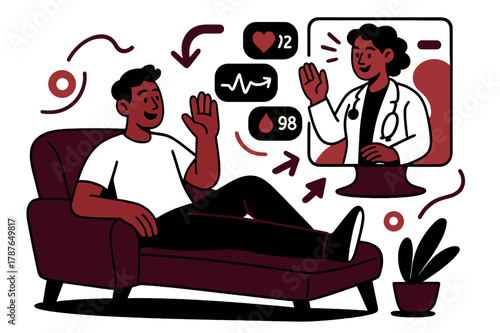 Virtual Health Connection. Telemedicine care. Patient on a sofa waves at a clinician on a holographic call; floating icons show vitals streaming live. Comfort