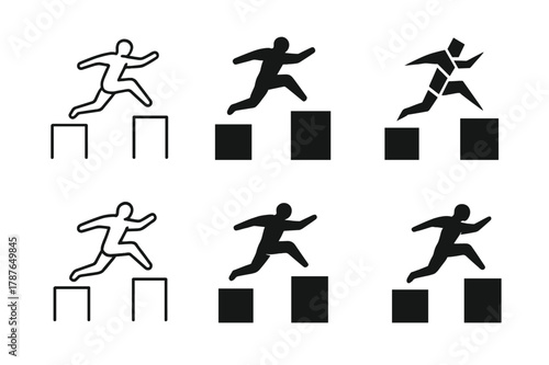 Parkour Logo Variations. Urban parkour. Set Logo of Urban parkour: rooftop leap silhouette. harmonious logo variations of the same emblematic concept, each