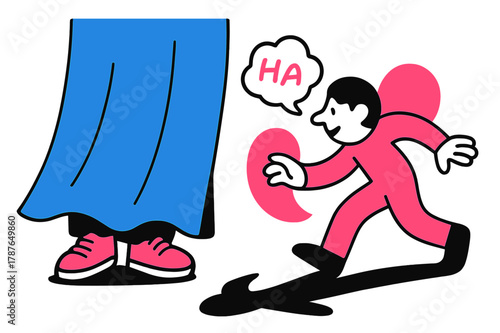 Peekaboo Shoes. Behind the Curtain. A pair of shoes peek below a flowing drape; a giggle bubble floats like a tiny cloud. The seeker?s shadow stretches in a