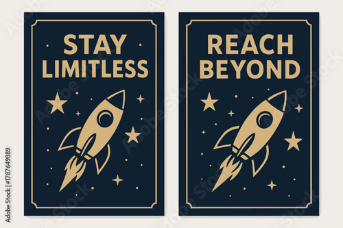 Navy Gold Motivation. Stay limitless. Two vertical A6 banners with safe margins, centered composition, no elements touching edges, bold, navy and gold, objects