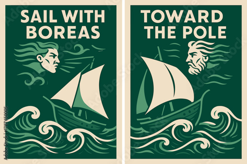 Sail with Boreas. Sea Voyage North. Two vertical A6 banners with safe margins, centered composition, no elements touching edges, modern, emerald and ivory,