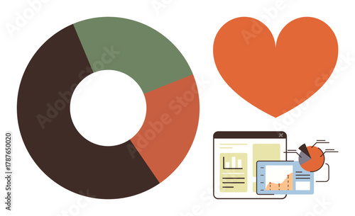 Donut chart, heart, tablet, and screen displaying analytics trends and data points. Ideal for business, marketing, healthcare, tech productivity finance education. A simple flat metaphor